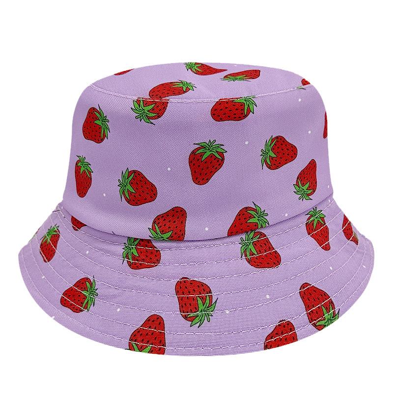 Chapéu de Pescador Criativo de Verão com Estampa de Morango Dupla Face Chapéu de Sol para Praia ao Ar Livre Estilo Coreano Proteção Solar Chapéu de Frutas