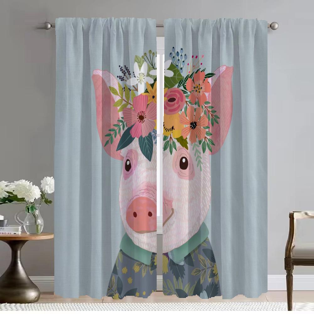 Floral Friends Animal Modern Living Room Curtains 2 Pieces Home Interior Curtains for Camera Tulle for Bedroom Blackout Curtain