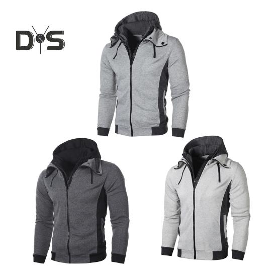 Uomo Autunno Inverno Cappotto con Cappuccio Doppia Cerniera Chiusura Coulisse Colorblock Finto Due Pezzi Giacca Sportiva con Polsini Elastici e Orlo Fitness Outerwear