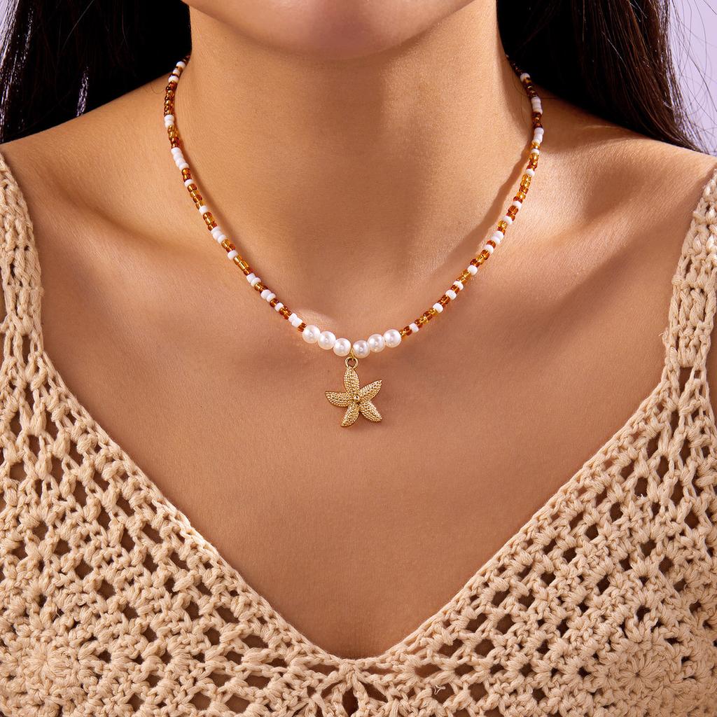 Bohemian Starfish Pendant Pearls Bead Necklace Adjustable Length Portable Jewelry for Beach Vacation and Parties