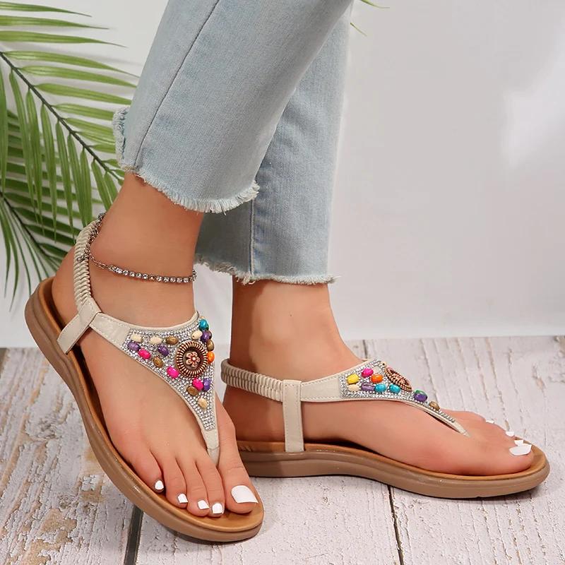 Fashion Mix Color Pearl Bohemian Sandals Women Fashion Clip-Toe Non-Slip Beach Sandals Woman Bling Crystal Flat Heel Rome Sandalias