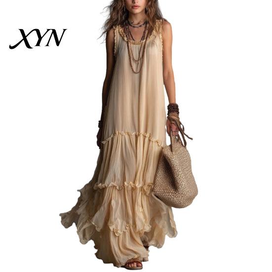 Light Beige Skirt Summer Ruffle Tiered Swing Dress for Women, Boho Beach Daily Outing Flowy Maxi Sundress, Sleeveless A-line Loose Long Casual