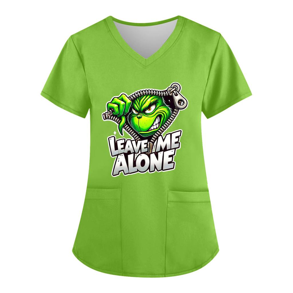 Women's V-neck Christmas Print Short-sleeved Pocket Side Slit Uniform Top