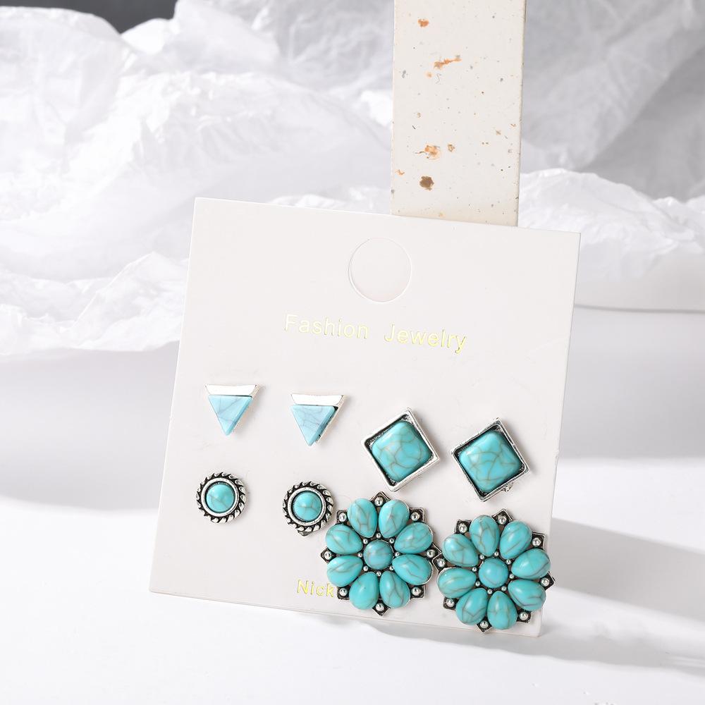 Vintage Bohemian Turquoise Floral Geometric Round Earrings 4 Pair Set