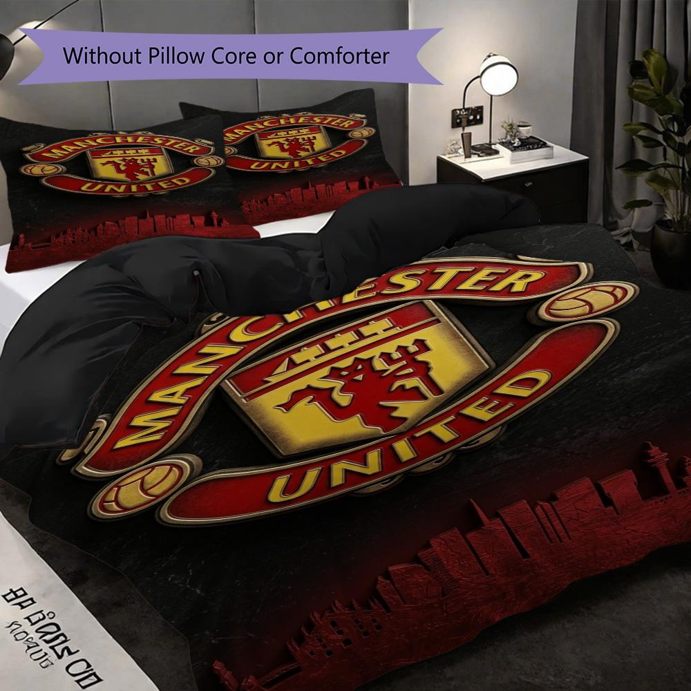 Manchester emblem purple background Bedding (1 * duvet cover + 2 * pillowcase, without core) 2D Flat Soft and comfortable Christmas birthday gift