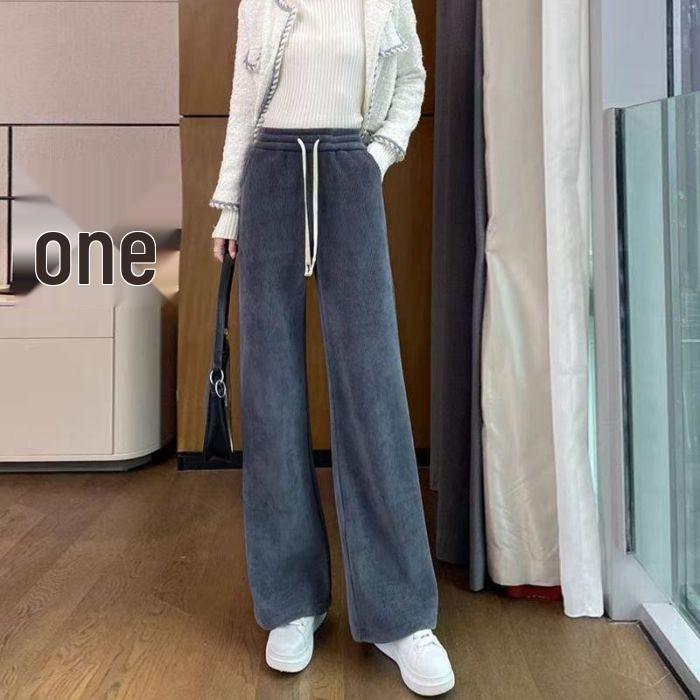 Women s Gray High-Waist Corduroy Wide-Leg Pants with Velvet 2XL