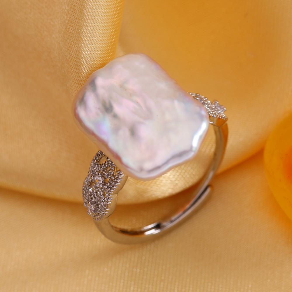 SENIKO 12-16mm Natural Freshwater Pearl Rings For Women Fashion Female Cubic Zirconia CZ Ring Pearl Jewelry Adjustable Ring