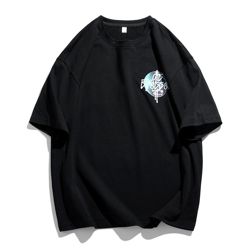 

Летняя модная мужская футболка с короткими рукавами, корейская версия, чистый хлопок, модная свободная базовая рубашка с круглым вырезом и короткими рукавами с буквенным принтом XXXL чёрный