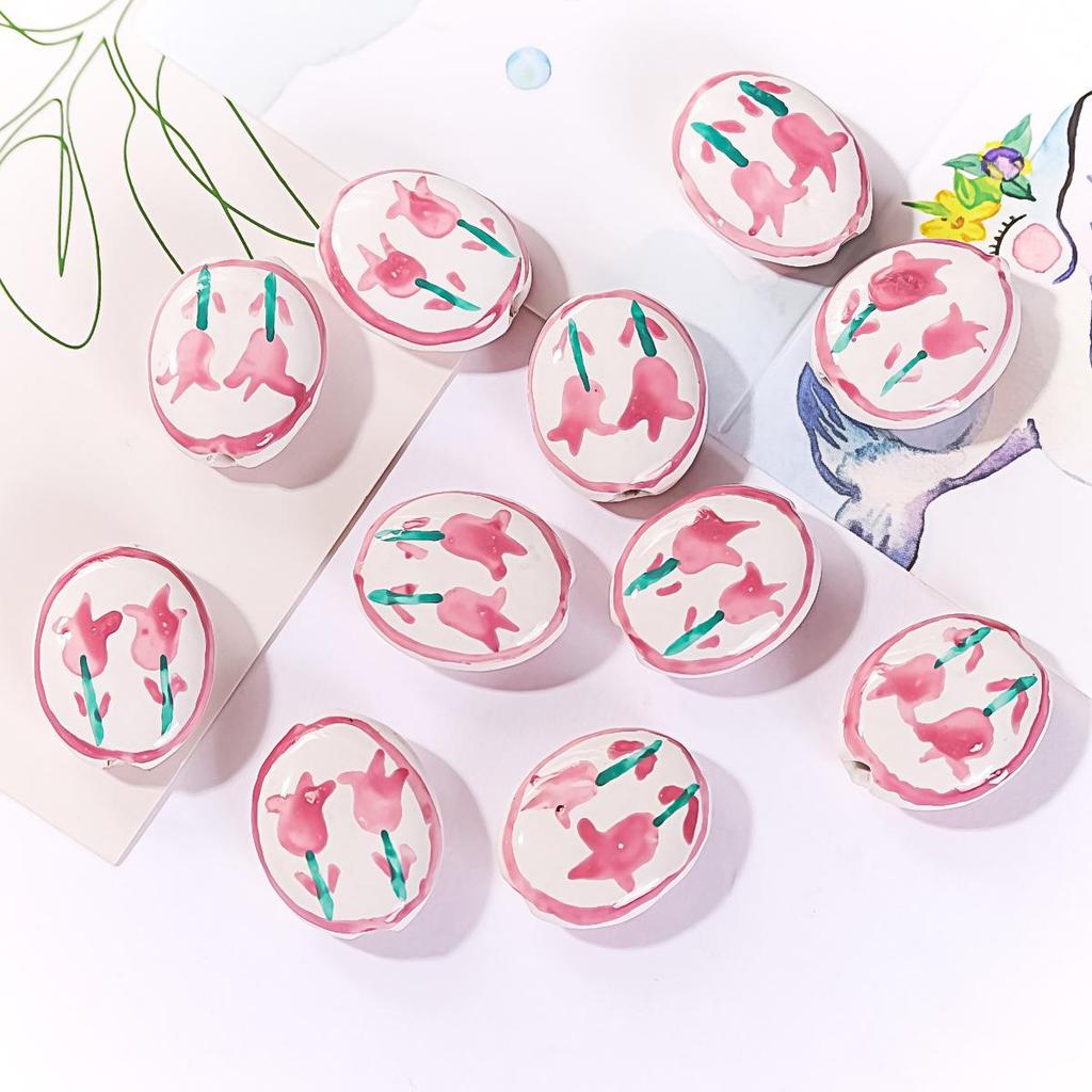 Perline in Ceramica Dipinta Tulipano e Farfalla Rosa Retrò per Braccialetti e Collane Fai da Te
