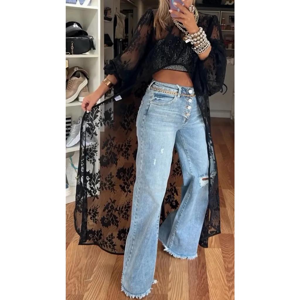 Women's Mock Neck Long Flare Sleeve Lace Kimono Irregular Long Cover Up Top