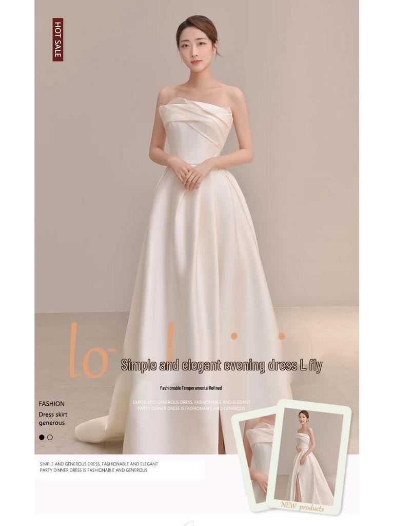 2025 French Strapless Satin Wedding Dress: Elegant, High-Quality Texture, Floor-Length for Winter