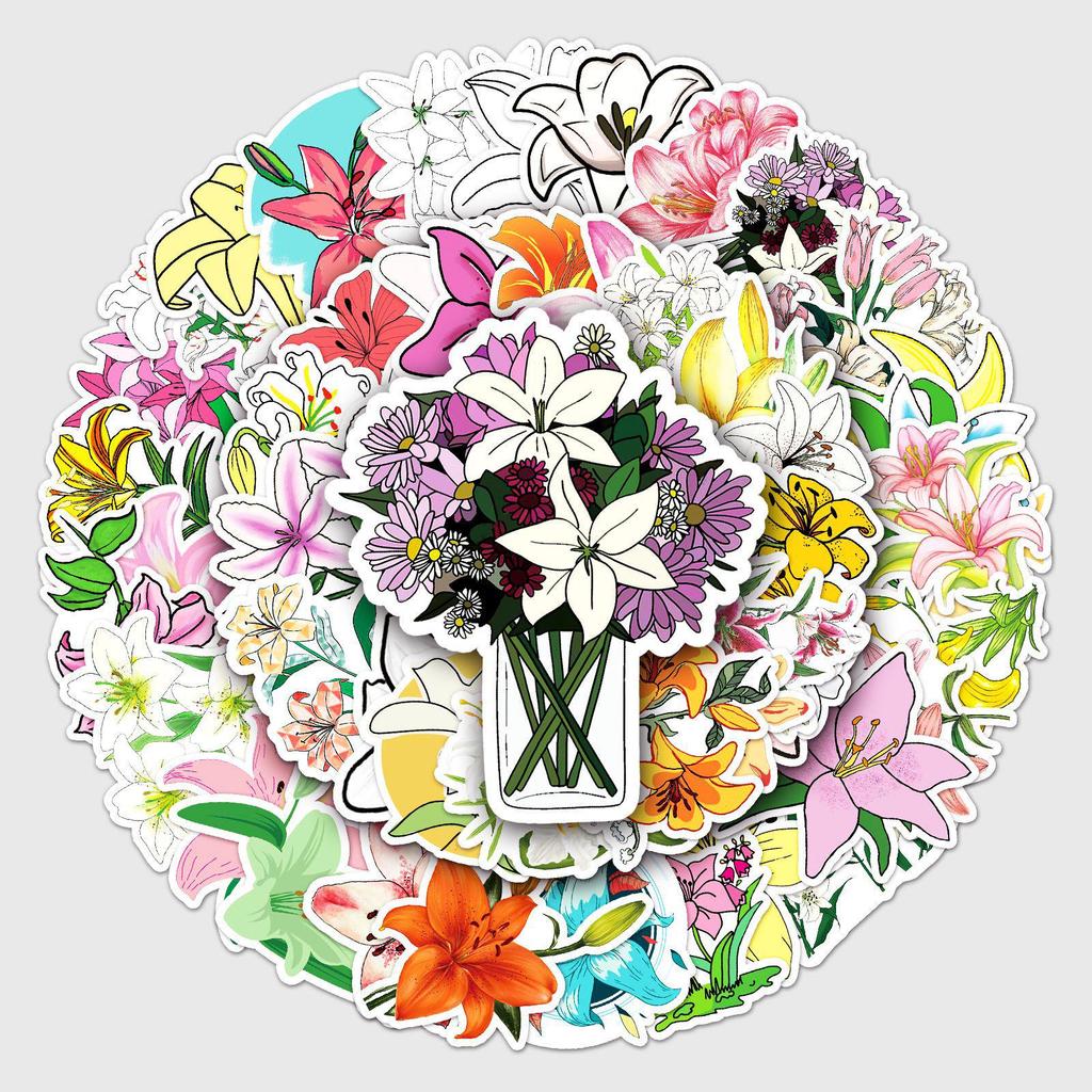 50 Lily Flower Cartoon Stickers: Waterproof DIY for Skateboards, Luggage & More