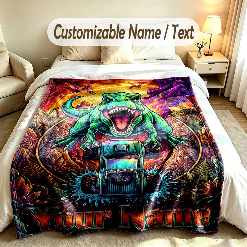 Dinosaur Theme Custom Blanket Personalized Name & Text Customized Soft Warm Throw Blanket Home Decor