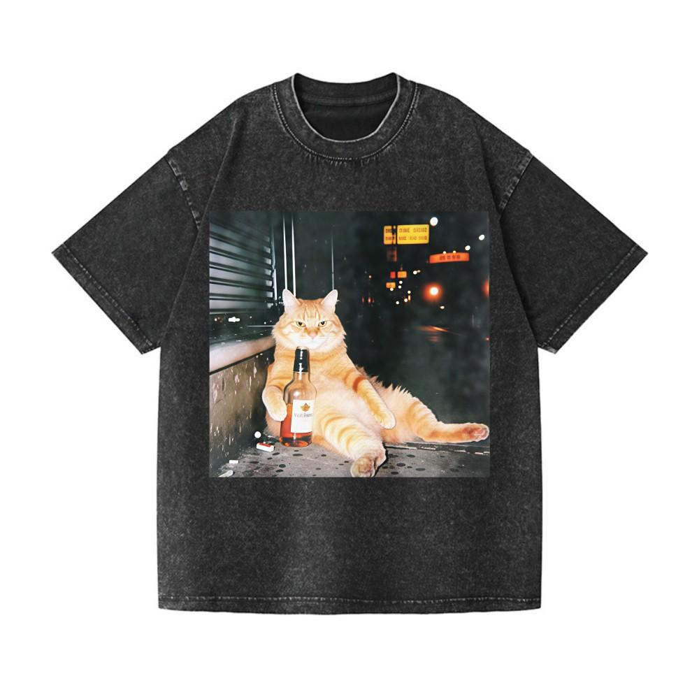 Vintage Grunge  Lazy Drunk Cat  Graphic Washed Cotton Loose T-Shirt S разноцветный