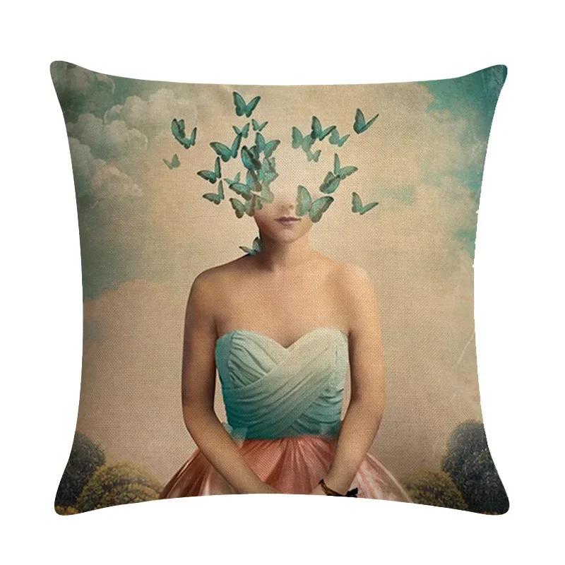 Abstract Fairy Girl Decorative Cushion Cover Linen Pillowcase For Sofa Couch Bedroom Home Living Room Decor 45X45Cm