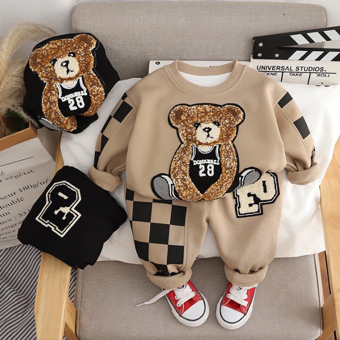 

2024 Повседневный комплект из двух предметов для мальчиков: толстовка с корейским рисунком и клетчатые брюки 110cm кофейный