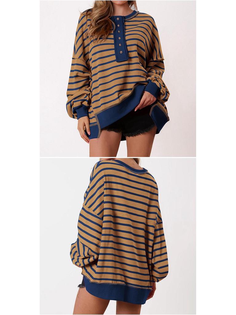 Color Block Long Sleeve Striped Button-Up Casual Sweater for Women - Autumn/Winter