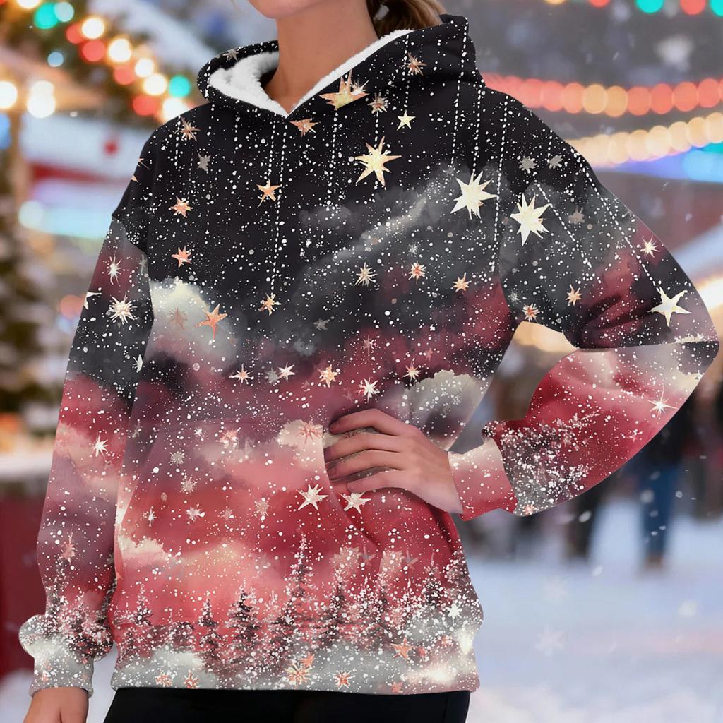 Women's Fashionable Casual Long-Sleeved Christmas Print Fleece-Lined Thick Hooded Sweatshirt