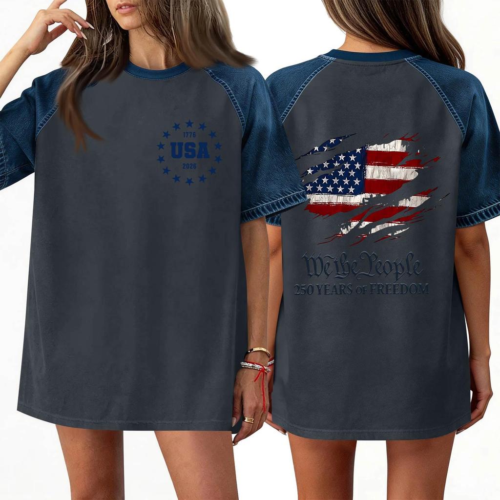 Denim Patchwork Shirts For Women Stand Collar Casual Blouse Short Sleeve Comfy Tshirt Spring Summer Fashion