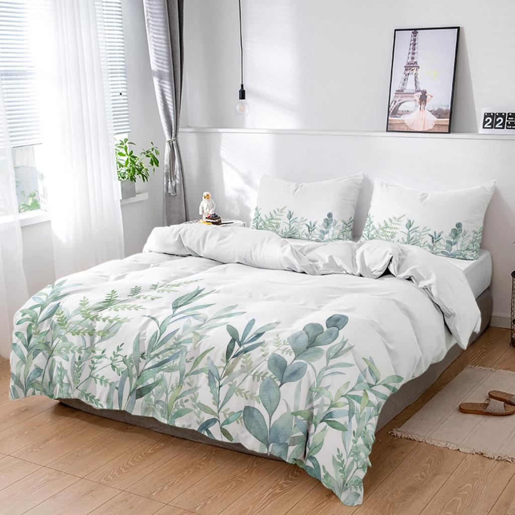 Sage Green Botanical Comforter Cover Eucalyptus Leaves Duvet Cover Spring Watercolor Plants Bedding Set Rustic Farmhouse Bed Set