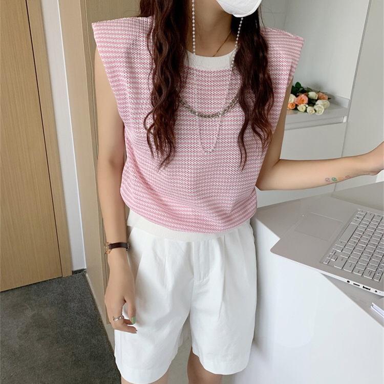 Kontrastierendes gestreiftes Tanktop Damen Sommerdesign Lockerer Rundhalsausschnitt Kette Lässig Ärmellos Strick