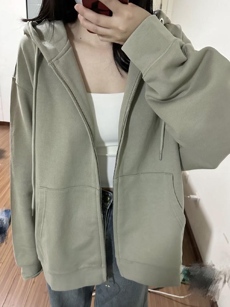 Women's Grey Hooded Fleece Sweatshirt - Slimming Thick Zip-Up Cardigan for Autumn/Winter 2025