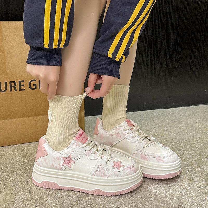 Women's Spring Pink Campus Puffy Thick-Soled White Casual Sports Board Shoes For Petite Frames.
