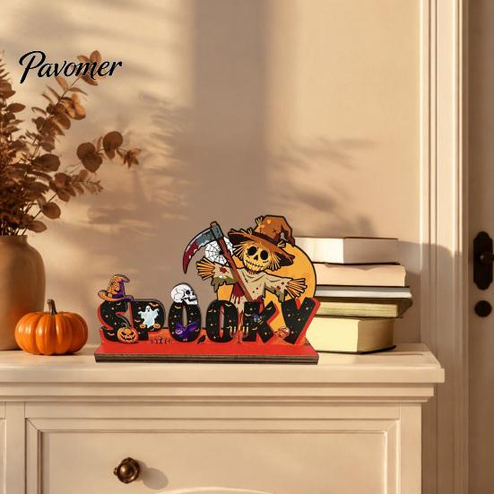 Halloween Room Tabletop Decor Pumpkin Haunted House Letter Ornament, Wooden Ornaments Spooky Festive Desk Decoration for Party Props Unique