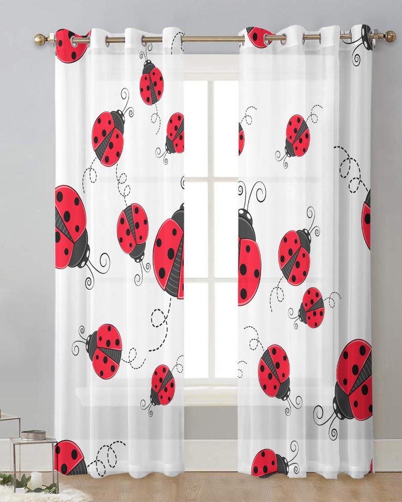 Red Ladybug Sheer Curtains for Living Room Decoration Window Curtains for Kitchen Tulle Voile Organza Curtains