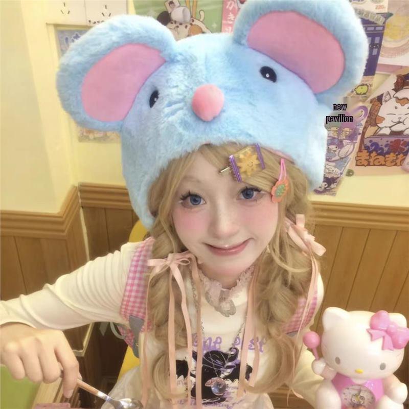 

Очаровательная синяя шапка с мышиными ушками, женский плюшевый теплый мультяшный капюшон One Size (55-60cm)