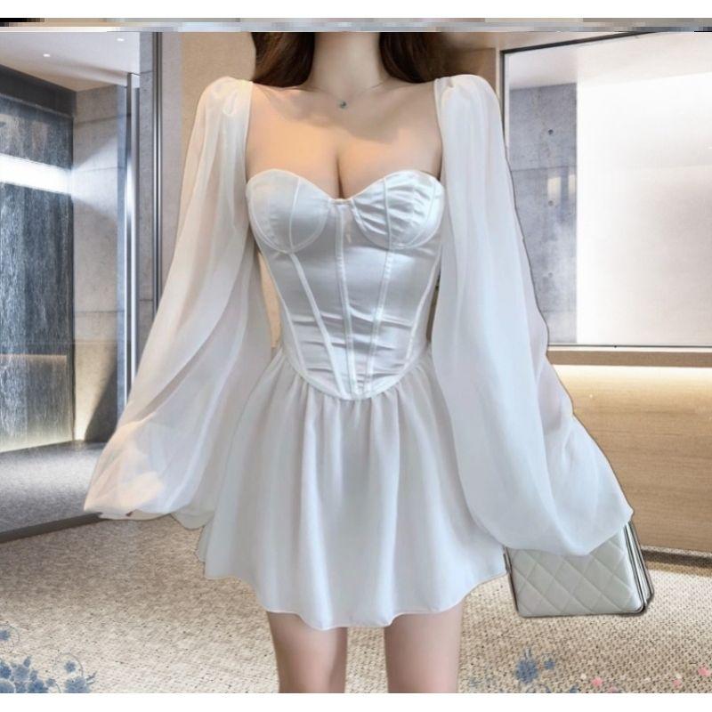 Internet Celebrity French Minority Retro Puff Sleeve Drawstring Slim-Fit Elegant Sexy High Waist Chiffon Women Dress