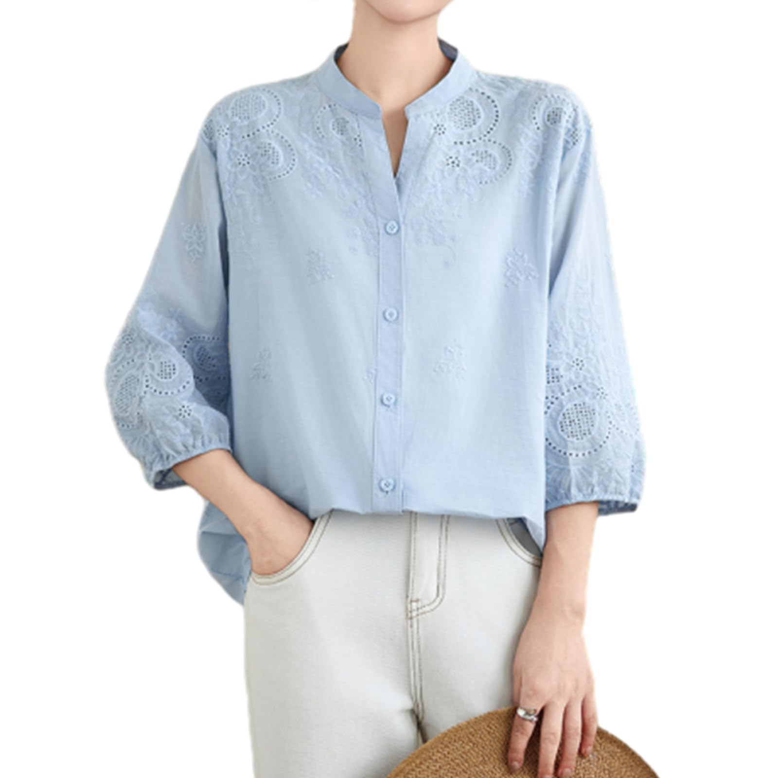 

рубашка для цветочного свободного большого тела повседневная для выхода летняя одежда [OGCPWYQZ] Женщины с короткими рукавами, блузка, топ с рукавами 3/4, узор, вышивка, синий