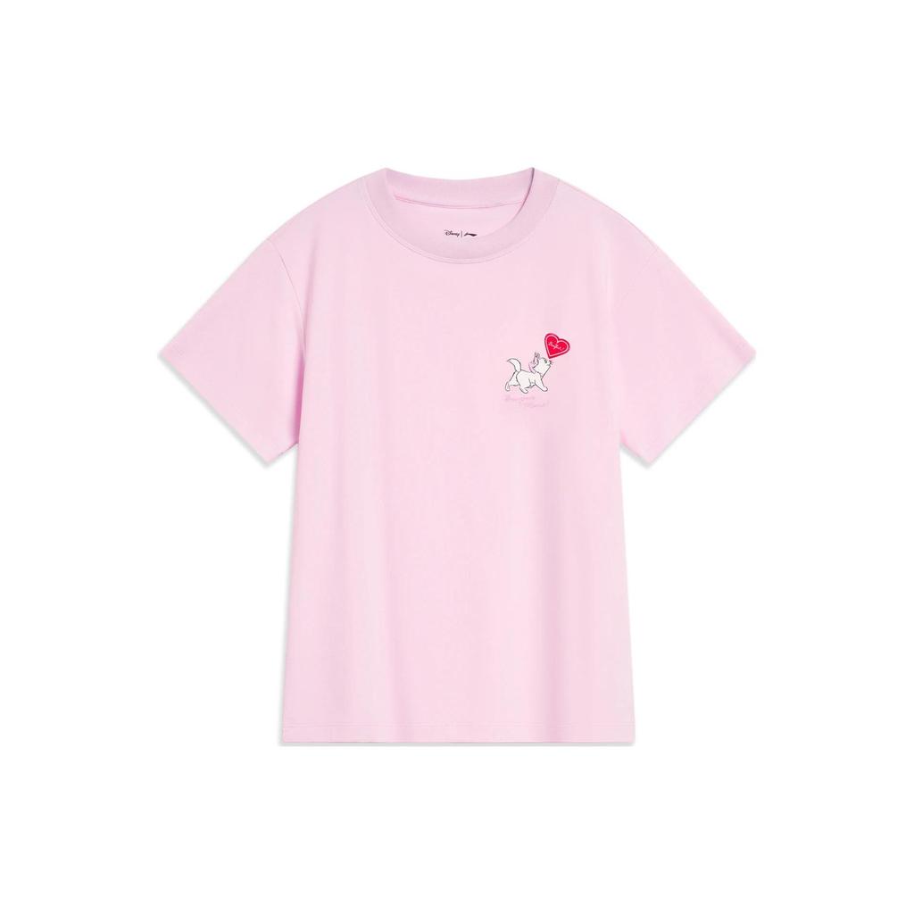 Li Ning X Disney Collaboration Marie Cat Series Cartoon Print Round Neck Short Sleeve T-Shirt Women Tops Cherry-Blossom-Pink AHST612-2