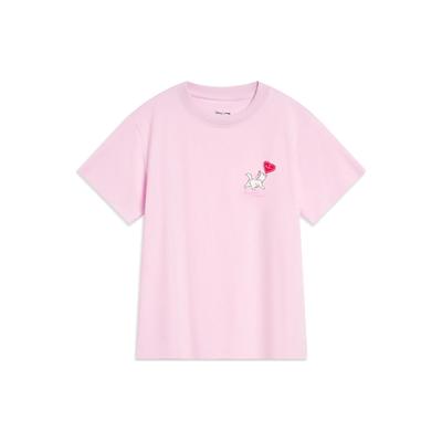 Li Ning X Disney Collaboration Marie Cat Series Cartoon Print Round Neck Short Sleeve T-Shirt Women Tops Cherry-Blossom-Pink AHST612-2