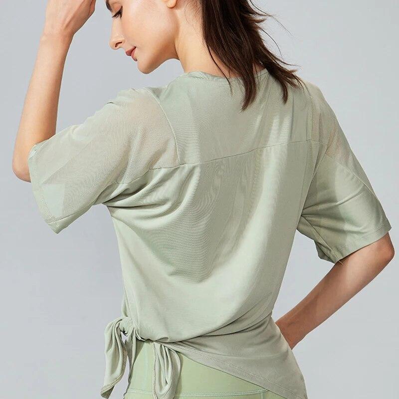 O Neck Short Sleeve Running Quick Drying Fitness Blouse Women Summer Side Cracking Sports T-shirt Mesh Loose Yoga Tops 30662