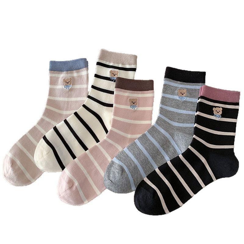 25 Summer Socks Women'S Mesh Thin Medium Tube Cotton Socks Striped Bear Embroidered Stacking Socks Trendy Women'S Socks