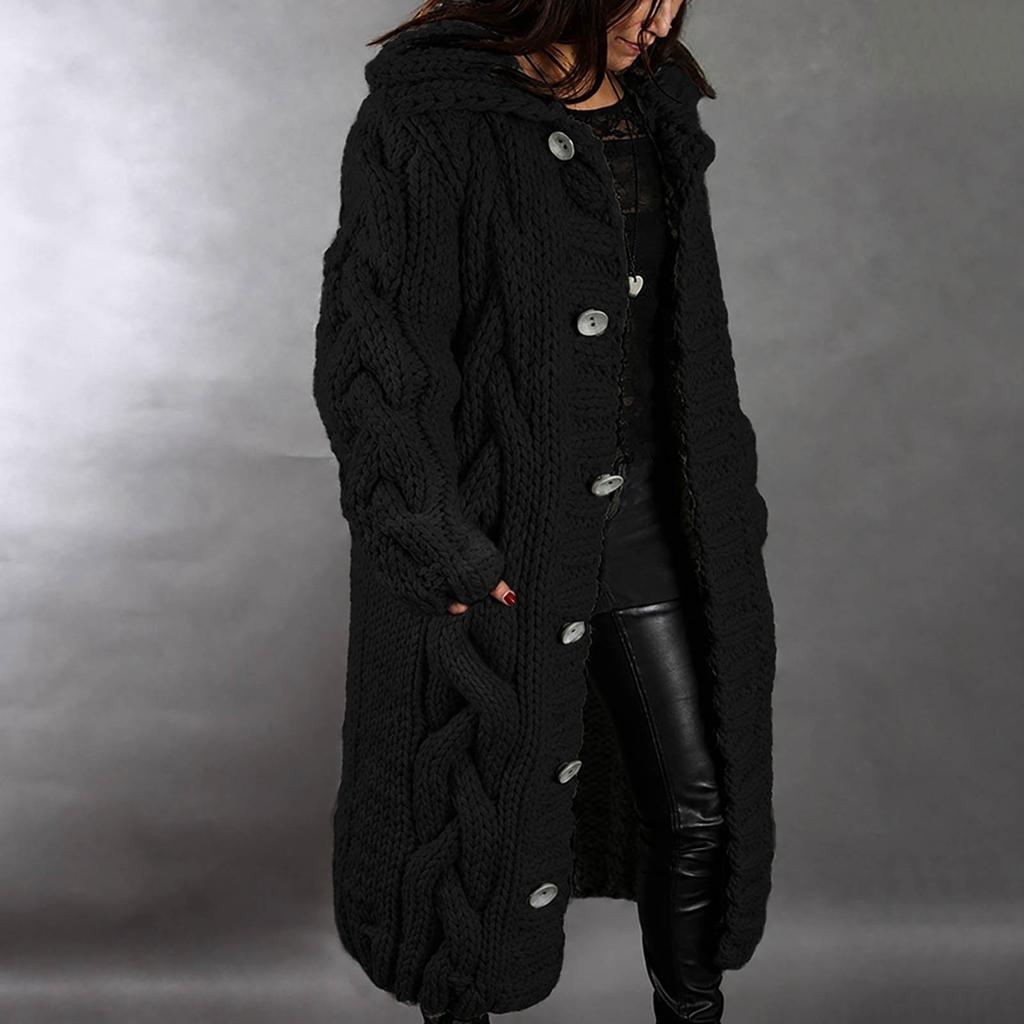 Women Hood Cardigan Large Size Sweater Pocket Single Breasted Long Sleeves Coat
