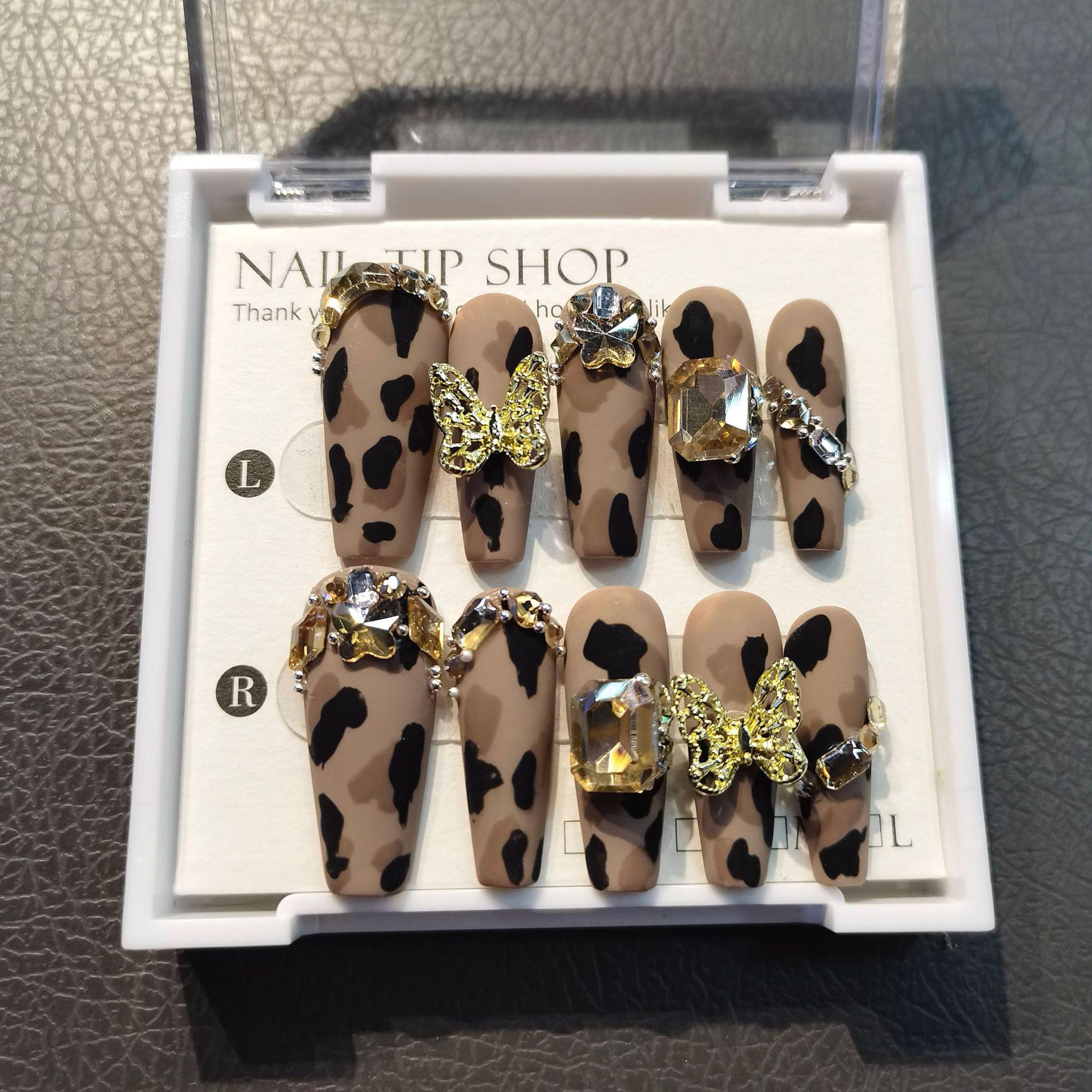 

Handcrafted Extra Long Leopard Print Nail Tips with Rhinestone Butterflies Extra Small XS (includes five-piece set)