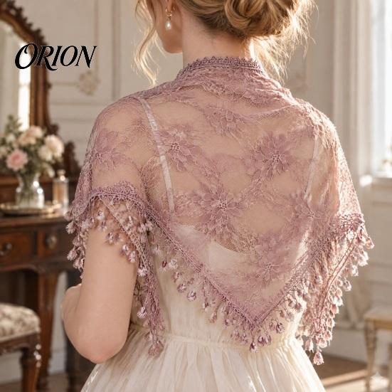 Soft Lightweight Neck Accessory Hollow Lace Triangle Scarf for Women, Grape Pattern Fringe Retro Style Fringed Trim Solid Color Shawl Wrap,