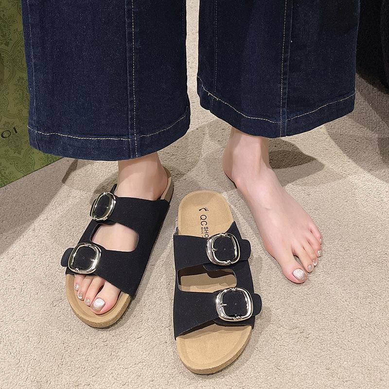 Fashion Luxury Designer Summer Buckle Cork Slippers for Women Roman Outdoor Casual Sandals Suede Mules Clogs Shoes Slides