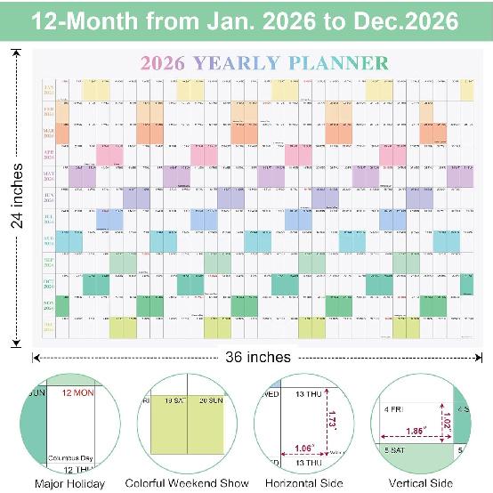 24" x 36" Exellewis 2026 Wall Calendar, Folded Large Paper Yearly Planner 12 Months, January to December 2026, 2-Sided Reversible Horizontal/Vertical