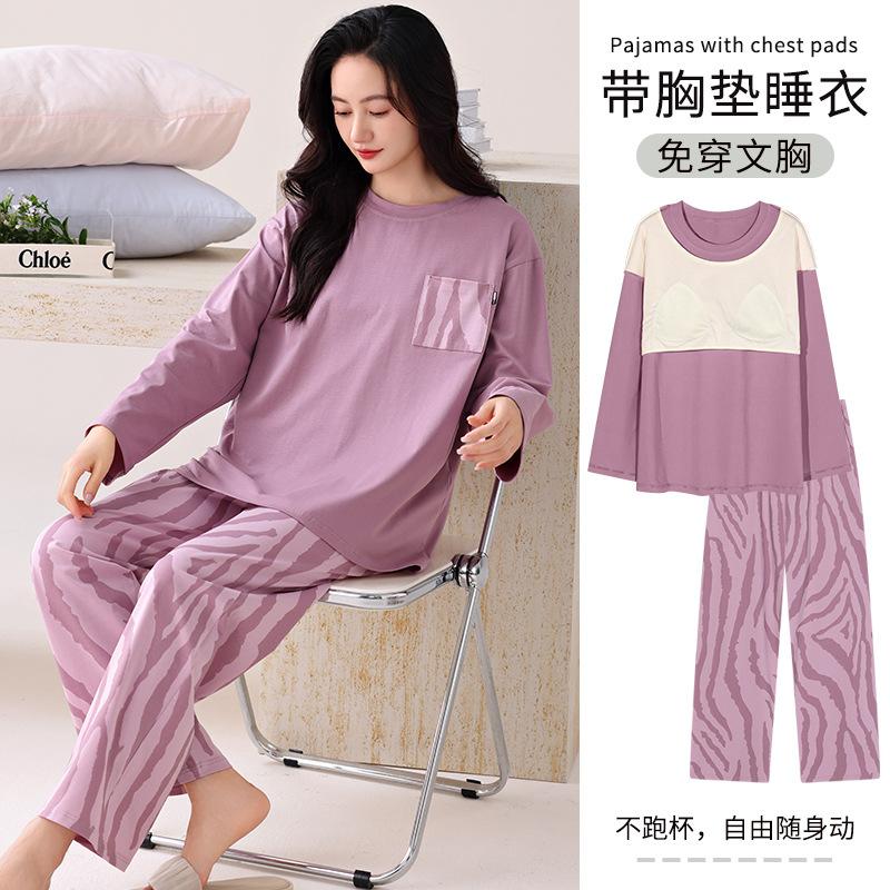 Pyjamas mit integrierten Brustpolstern Reine Baumwolle Langärmelig Damen Freizeit-Loungewear Damenmodelle