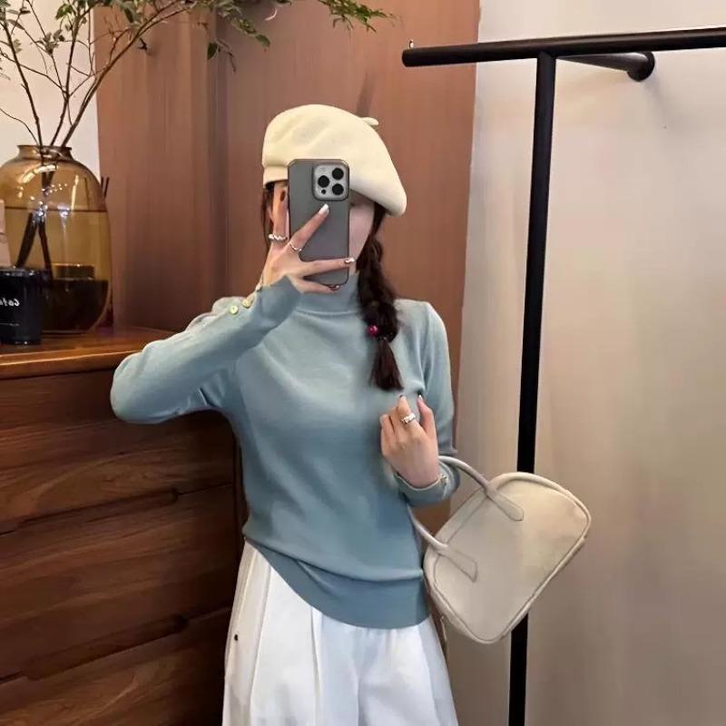 

Spring new simple button semi-turtleneck knitted sweater women s bottoming shirt top unique and beautiful One size fits all [recommended 80-60kg] синий