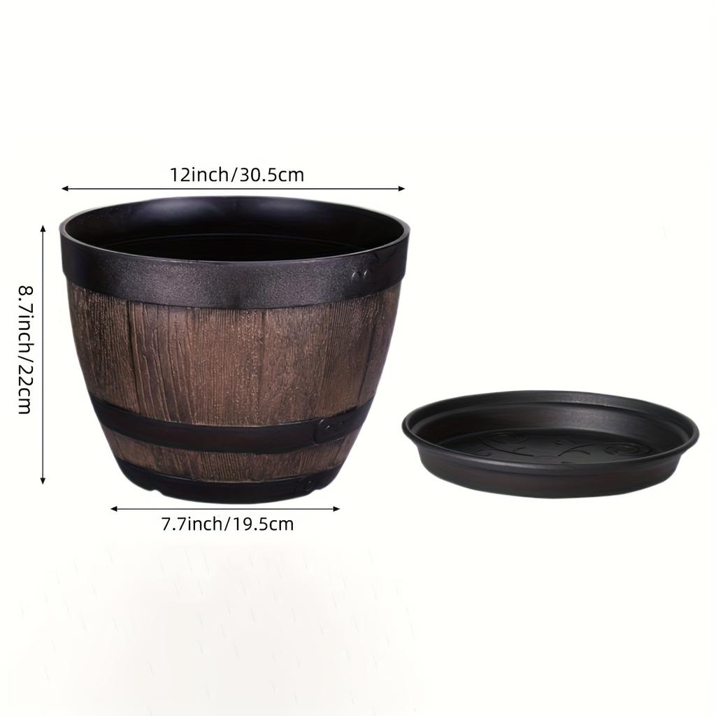 2pcs A Set of Retro Barrel Flower Pots with Tray - One Base + One Pot, Striped Plastic Flower Pot with Drainage Holes, Suitable for Indoor and Outdoor