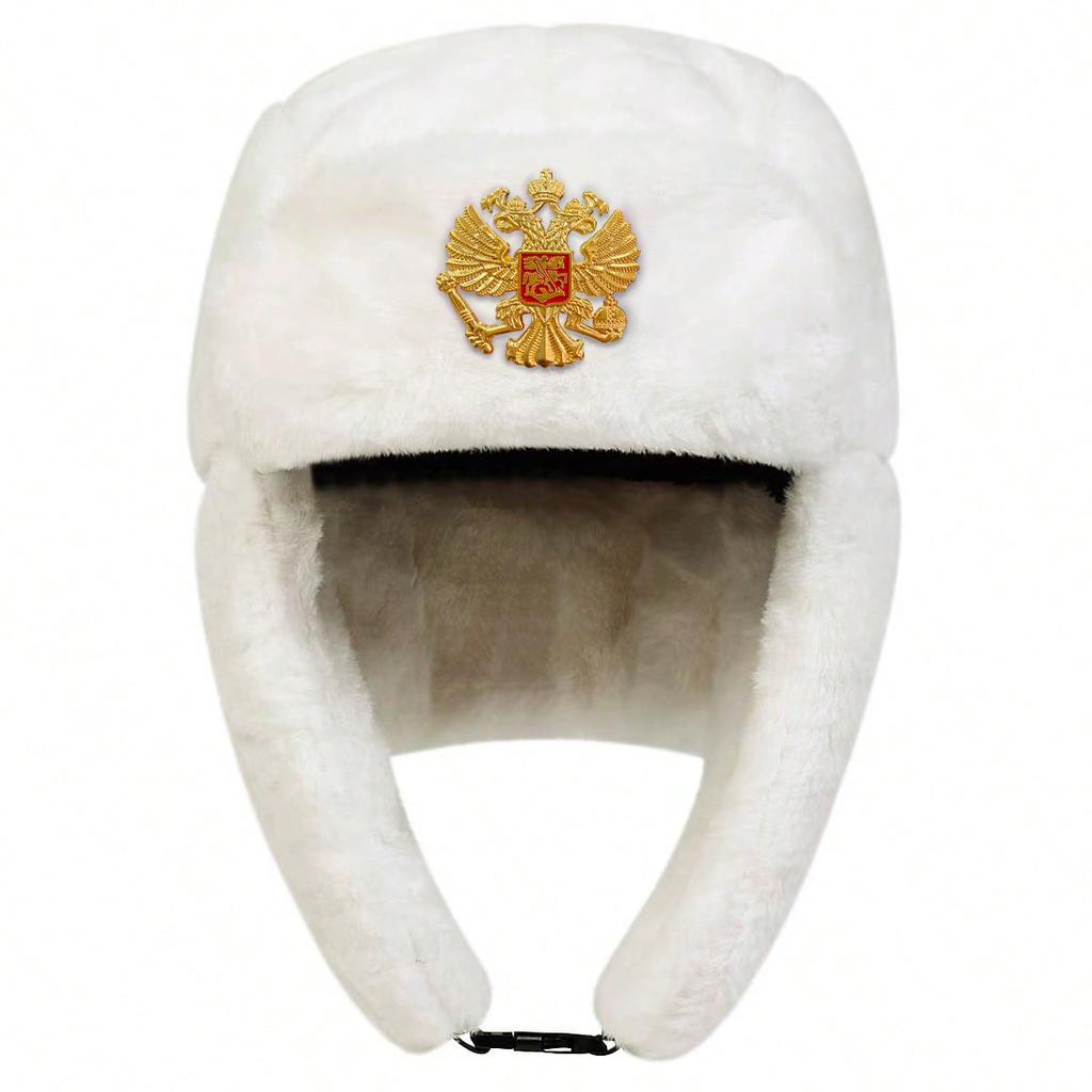 Plush Lei Feng Hat Double Headed Eagle Emblem Decoration Bomber Hats Outdoor Warm Pilot Cap Winter Caps