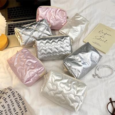 Neceser para Mujer Cuidado de la Piel Bolsa de Almacenamiento Organizador Estuche Coreano Plata Lindo Clutch Bolso Cosmético Bolsa de Maquillaje Monedero