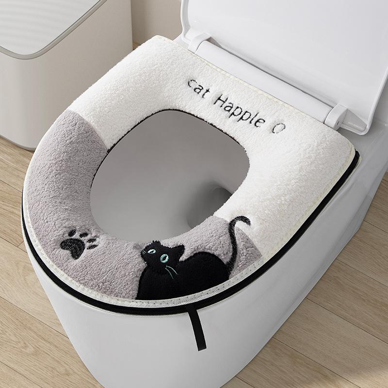 Cute Winter Thickened and Fleece-lined Toilet Seat Cushion, Washable, with Zipper