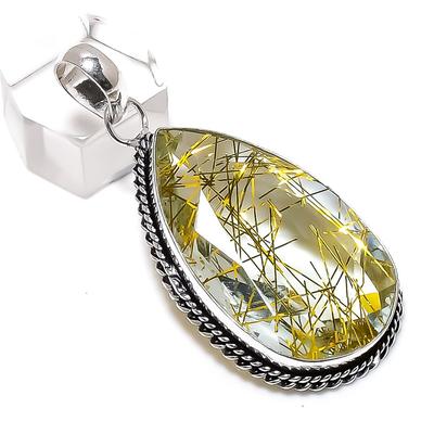 Golden Rutile Gemstone Handmade 925 Sterling Silver Jewelry Pendant 2.17" T6k67