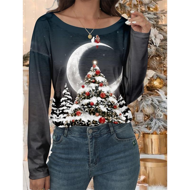2023 Fashion Women's Pullover Christmas Blue Star Graphic Casual Sports O-Neck Long Sleeve Tops Micro-Elastic Fall & Winter