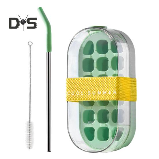 Eiswürfelschale für Wasserflaschen mit Strohhalm, Ein-Klick-Entriegelung, 2-in-1-Eiswürfelform und Wasserkocher, tragbare Wasserflasche, vertikale Eiswürfelschale für den Gefrierschrank